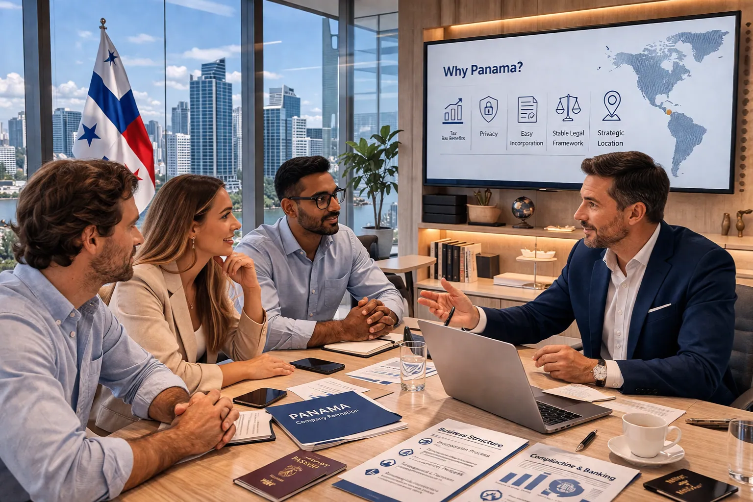 International entrepreneurs meeting a business advisor to discuss company formation in Panama
