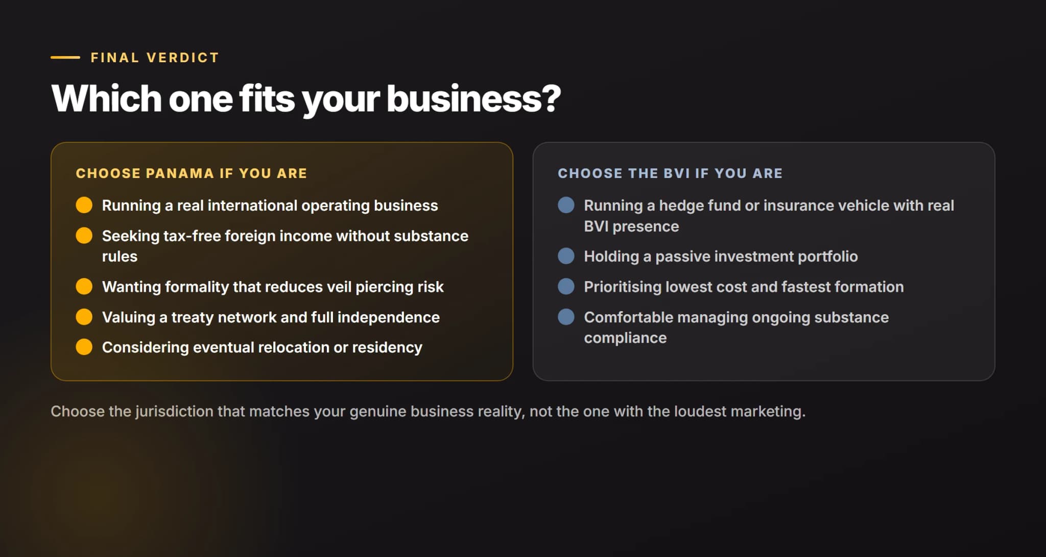 Panama vs BVI: Which Offshore Jurisdiction Should You Choose When to choose the BVI versus when to choose Panama, comparing hedge funds and passive holding against real operating businesses and residency plans